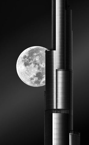 Super Moon Burjkhalifa Black Ornate Wood Framed Art Print with Double Matting by Anjum, Zohaib