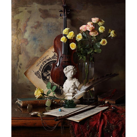 Still Life With Violin And Bust White Modern Wood Framed Art Print by Morozov, Andrey