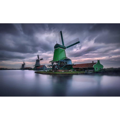 The Green Windmill Black Modern Wood Framed Art Print with Double Matting by M. Garcia, Jesus