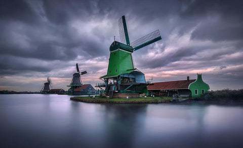 The Green Windmill White Modern Wood Framed Art Print with Double Matting by M. Garcia, Jesus