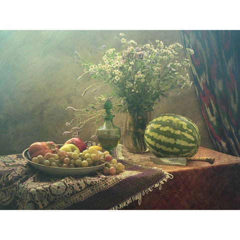 Still Life With Watermelon And Fruit Gold Ornate Wood Framed Art Print with Double Matting by Ustinagreen