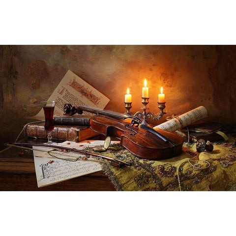 Still Life With Violin And Candles Black Modern Wood Framed Art Print with Double Matting by Morozov, Andrey