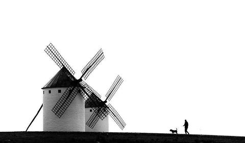 The Man-The Dog And The Windmills White Modern Wood Framed Art Print with Double Matting by Antonio Pardo, J.