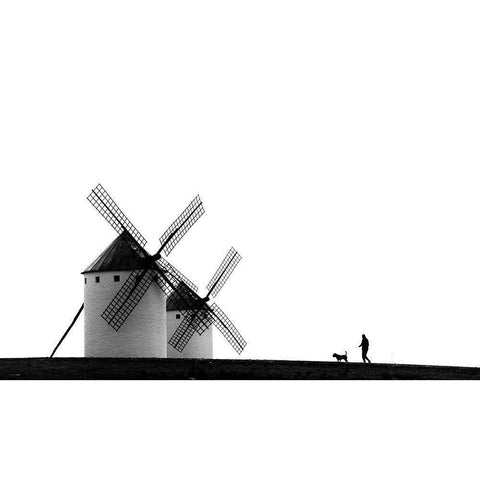 The Man-The Dog And The Windmills Gold Ornate Wood Framed Art Print with Double Matting by Antonio Pardo, J.