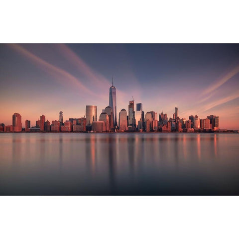 Lower Manhattan At Dusk Gold Ornate Wood Framed Art Print with Double Matting by Dai, Wei