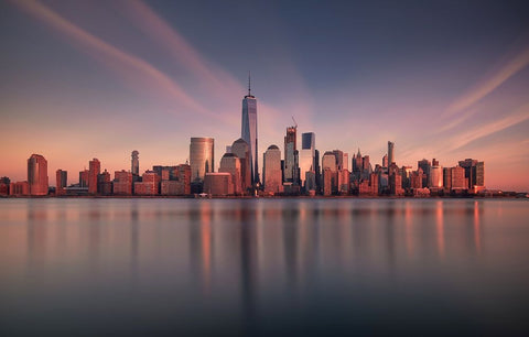 Lower Manhattan At Dusk White Modern Wood Framed Art Print with Double Matting by Dai, Wei
