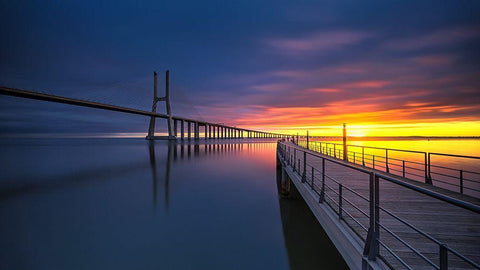 Ponte Vasco Da Gama White Modern Wood Framed Art Print with Double Matting by Ribeiro, Rui