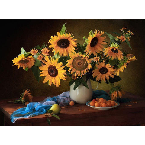 Still Life With Sunflowers And Yellow Plums Black Modern Wood Framed Art Print with Double Matting by Skorokhod, Tatyana