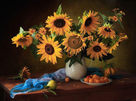 Still Life With Sunflowers And Yellow Plums Black Ornate Wood Framed Art Print with Double Matting by Skorokhod, Tatyana