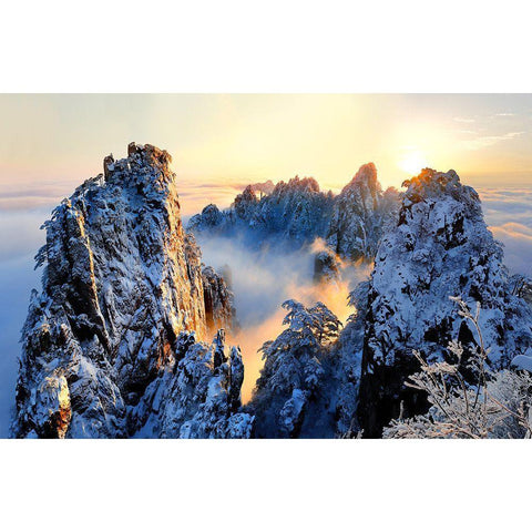 Sunrise At Mt. Huang Shan White Modern Wood Framed Art Print by Wong, Adam