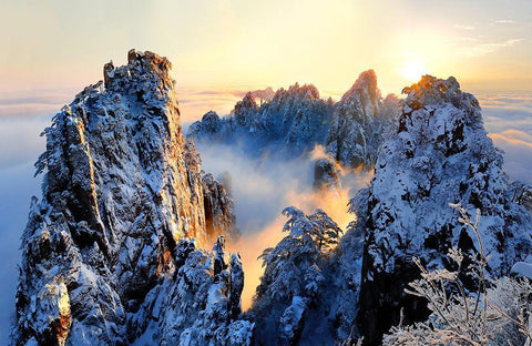 Sunrise At Mt. Huang Shan White Modern Wood Framed Art Print with Double Matting by Wong, Adam