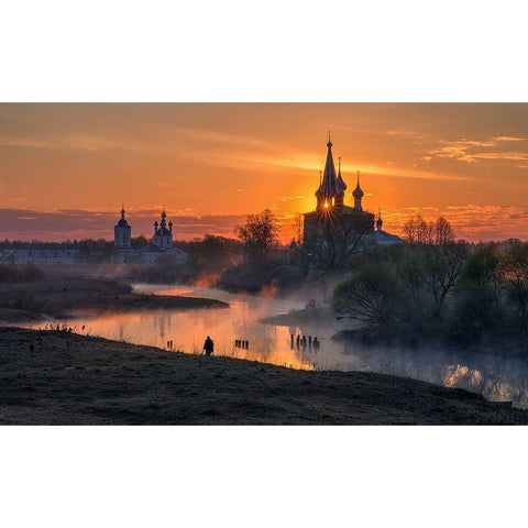 Dawn In Dunilovo Gold Ornate Wood Framed Art Print with Double Matting by Davydov, Sergey