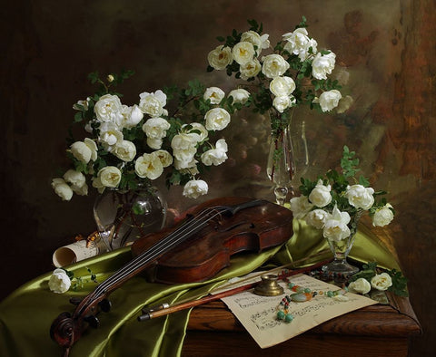 Still Life With Violin And Flowers White Modern Wood Framed Art Print with Double Matting by Morozov, Andrey