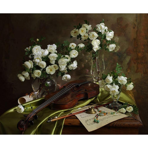 Still Life With Violin And Flowers Black Modern Wood Framed Art Print with Double Matting by Morozov, Andrey