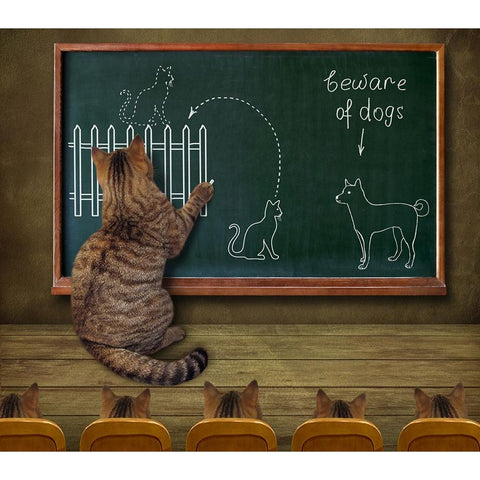Cat Teacher And His Pupils Black Modern Wood Framed Art Print by Kuznetsova, Iryna