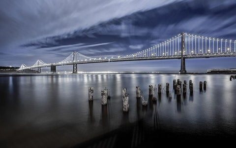 The Bay Bridge Lights San Francisco White Modern Wood Framed Art Print with Double Matting by Harriman, Toby