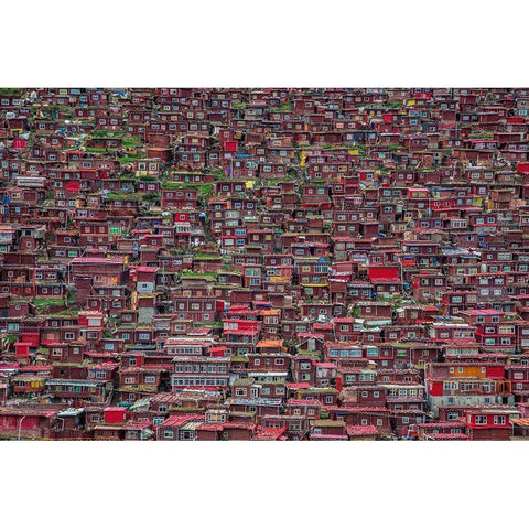 Larung Gar Gold Ornate Wood Framed Art Print with Double Matting by Tianyu