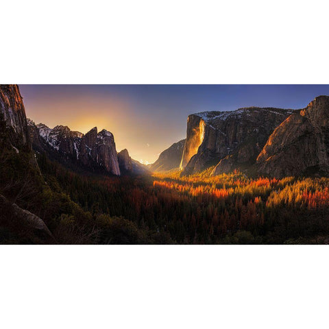 Yosemite Firefall Gold Ornate Wood Framed Art Print with Double Matting by Zhang, Yan