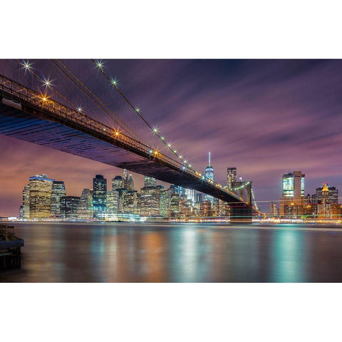 Brooklyn Bridge At Night Black Modern Wood Framed Art Print with Double Matting by Zheng, Michael
