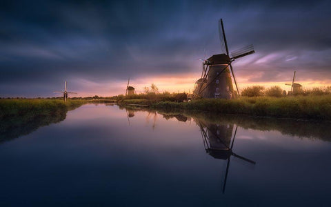 Kinderdijk Windmills Black Ornate Wood Framed Art Print with Double Matting by M. Garcia, Jesus