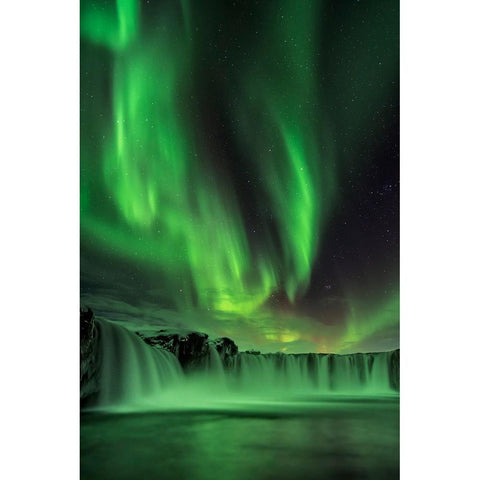 Northern Light On Godafoss White Modern Wood Framed Art Print by Zhu, Hua