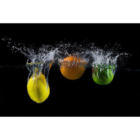 Triple Citrus Splash Black Modern Wood Framed Art Print by Stefan, Mogyorosi