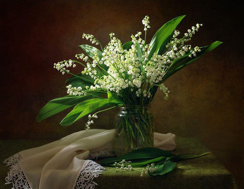 With A Bouquet Of Lilies Of The Valley White Modern Wood Framed Art Print with Double Matting by Skorokhod, Tatyana