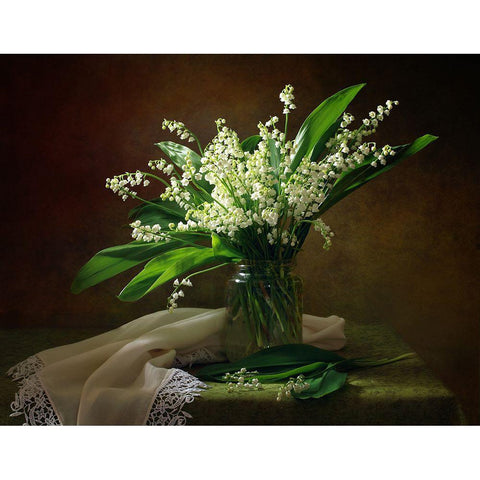 With A Bouquet Of Lilies Of The Valley Black Modern Wood Framed Art Print with Double Matting by Skorokhod, Tatyana