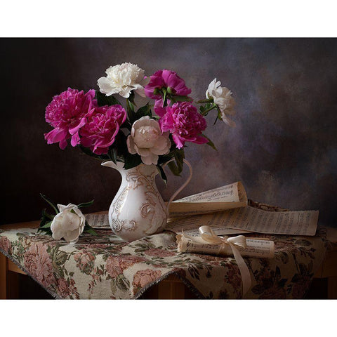 Still Life With Peonies Black Modern Wood Framed Art Print with Double Matting by Lankina, Alina