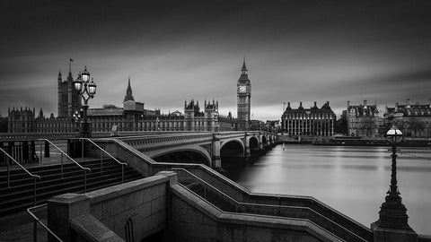 Westminster Bridge White Modern Wood Framed Art Print with Double Matting by Lopez, Oscar