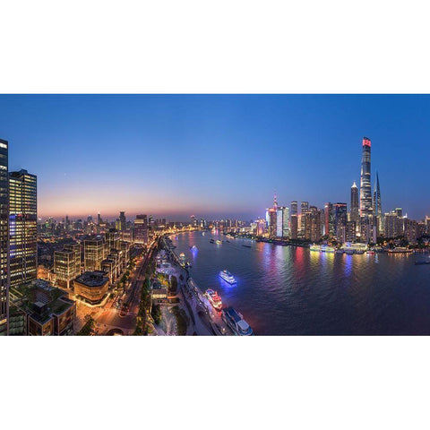 The Blue Hour In Shanghai Gold Ornate Wood Framed Art Print with Double Matting by Chen, Zhibo