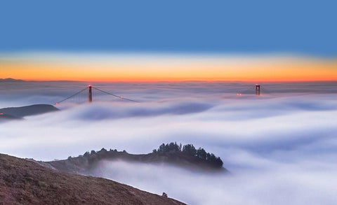 The Golden Gate Bridge In The Fog White Modern Wood Framed Art Print with Double Matting by Qiu, Jenny