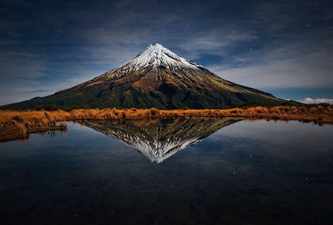 Mount Taranaki - A Starry Night White Modern Wood Framed Art Print with Double Matting by Zhang, Yan