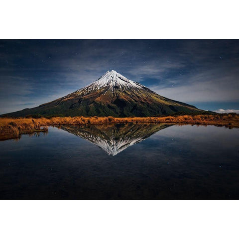 Mount Taranaki - A Starry Night White Modern Wood Framed Art Print by Zhang, Yan