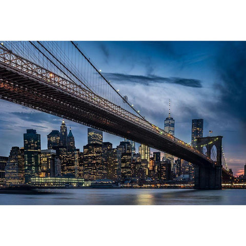 Manhattan From Dumbo White Modern Wood Framed Art Print by Ozmen, Ilker