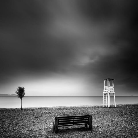 Bench On The Beach Black Modern Wood Framed Art Print by Digalakis, George