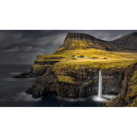 Mulafossur Waterfall Black Modern Wood Framed Art Print by Chan, Mozart