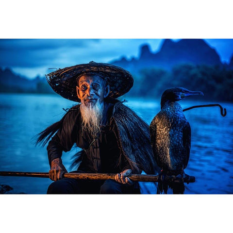 Cormorant Fisherman Gold Ornate Wood Framed Art Print with Double Matting by Whanset, Chanwit