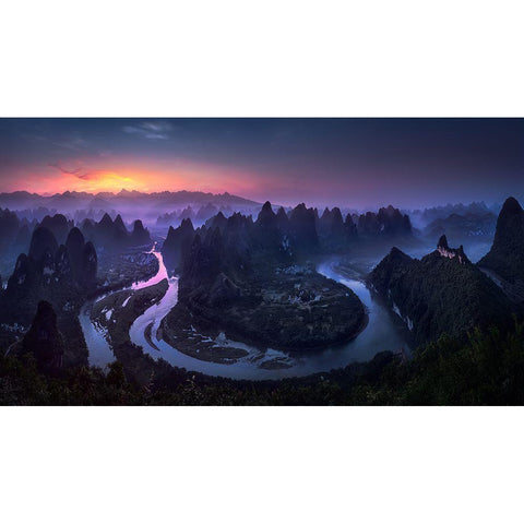 Good Morning From Damianshan - China Gold Ornate Wood Framed Art Print with Double Matting by M. Garcia, Jesus