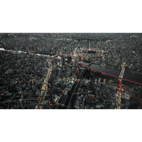 Red Line In The Dark Tokyo. Gold Ornate Wood Framed Art Print with Double Matting by Chiriaco, Carmine