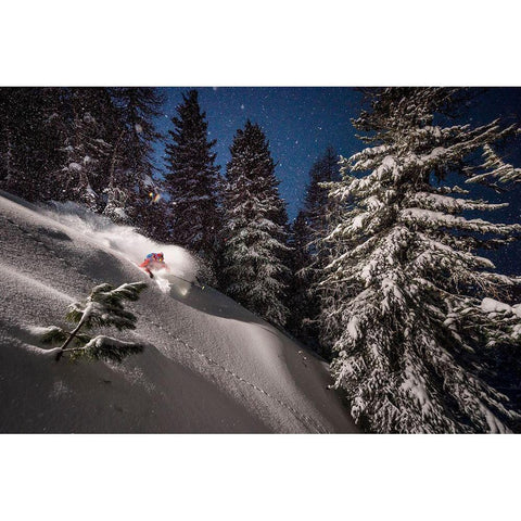 Night Powder Turns With Adrien Coirier White Modern Wood Framed Art Print by Shu, Tristan