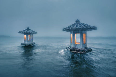 Chuiguang Pavilion White Modern Wood Framed Art Print with Double Matting by Liwulei