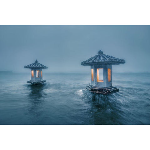 Chuiguang Pavilion Black Modern Wood Framed Art Print with Double Matting by Liwulei