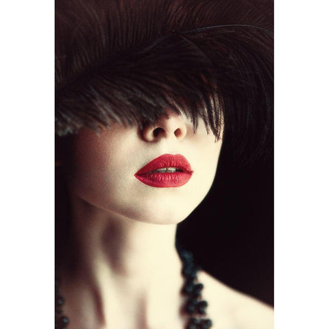 Lips And Feather Black Modern Wood Framed Art Print by Russocka, Magdalena