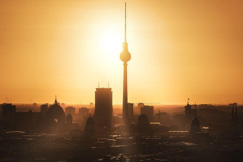 Berlin - Skyline Sunrise White Modern Wood Framed Art Print with Double Matting by Claude Castor, Jean