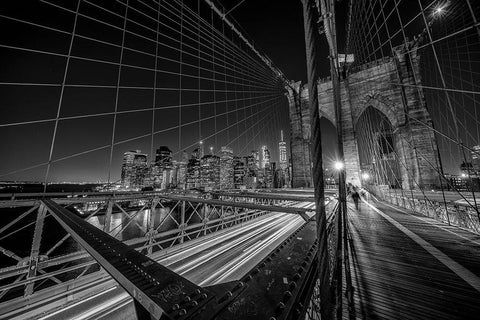 Brooklyn Bridge Lights White Modern Wood Framed Art Print with Double Matting by Schilbe, Stefan