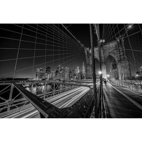 Brooklyn Bridge Lights Black Modern Wood Framed Art Print with Double Matting by Schilbe, Stefan