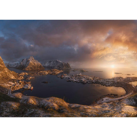 Sunrise Over Reine Black Modern Wood Framed Art Print with Double Matting by Cia, Inigo