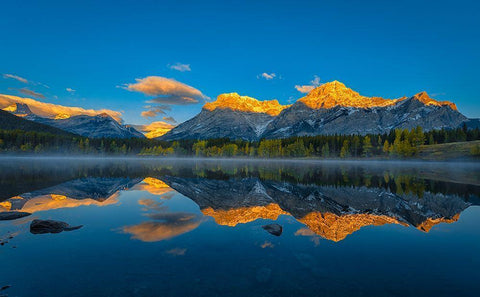 A Perfect Morning In Canadian Rockies White Modern Wood Framed Art Print with Double Matting by Zheng, Michael