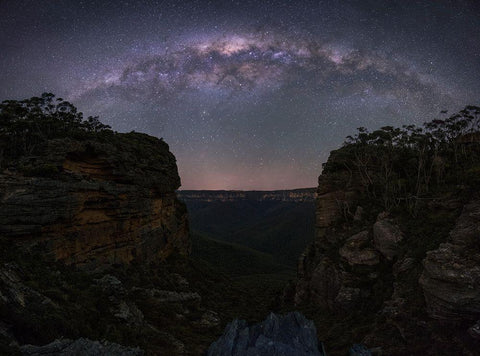 Night Sky Over Blue Mountains White Modern Wood Framed Art Print with Double Matting by Zhang, Yan